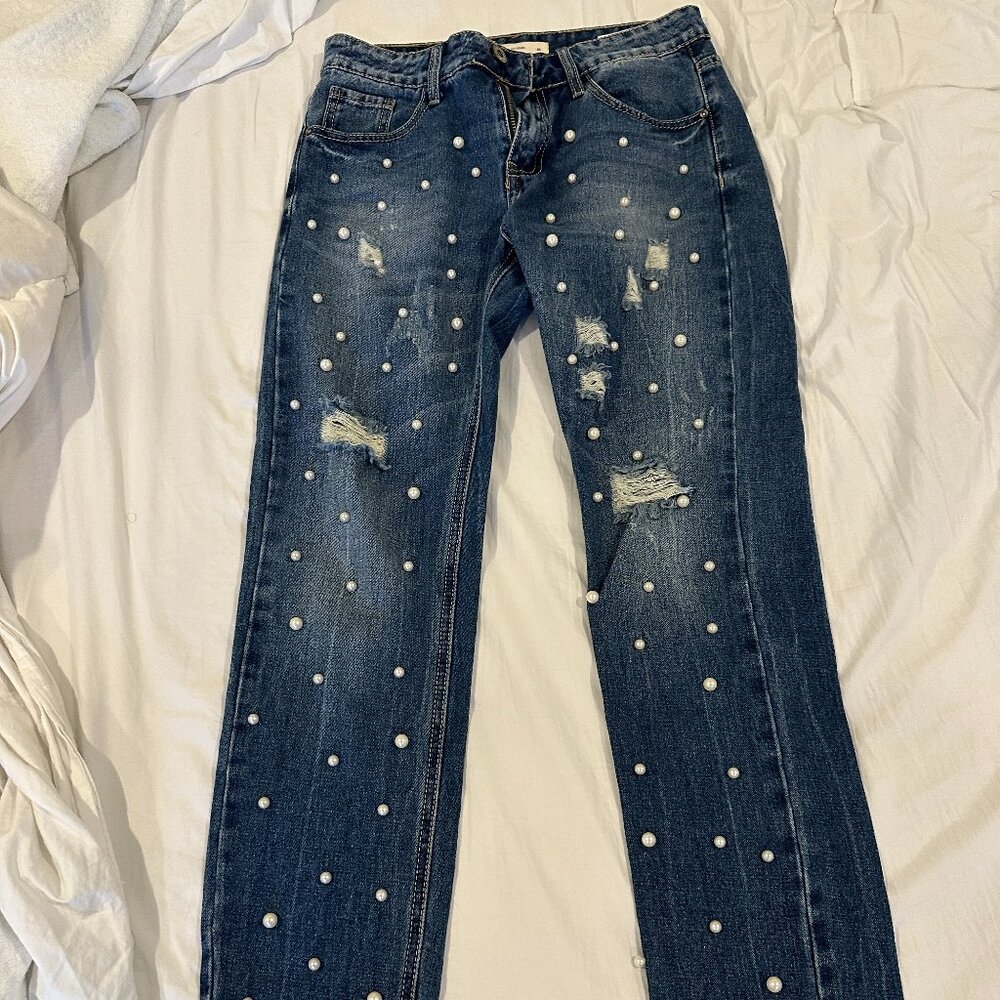 Womens Q2 Unique Denim Distressed & Pearl Jeans Pants, Size XS